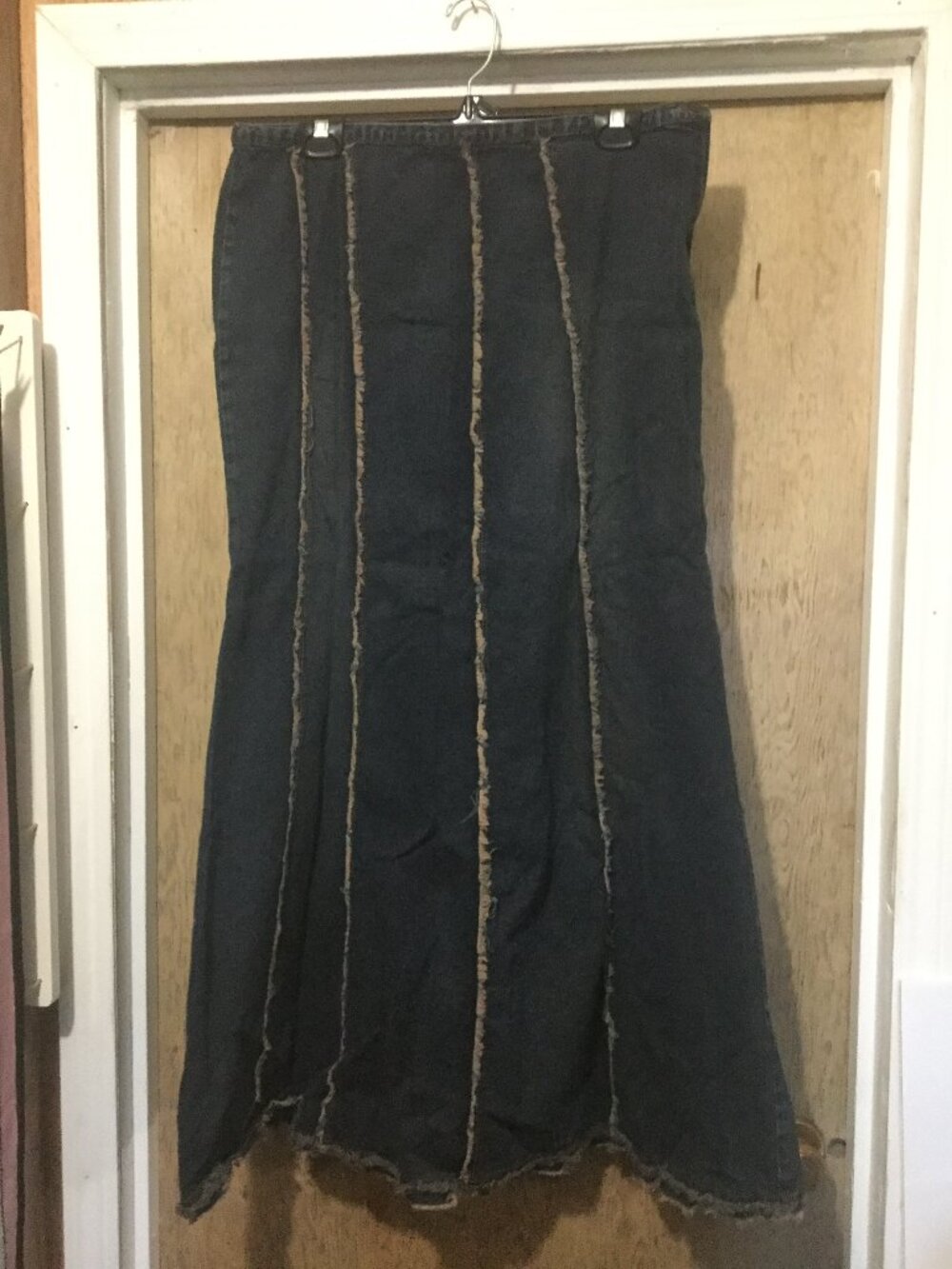 Armor Jeans maxi denim skirt with exposed raw seams size 13/14 waist =18"